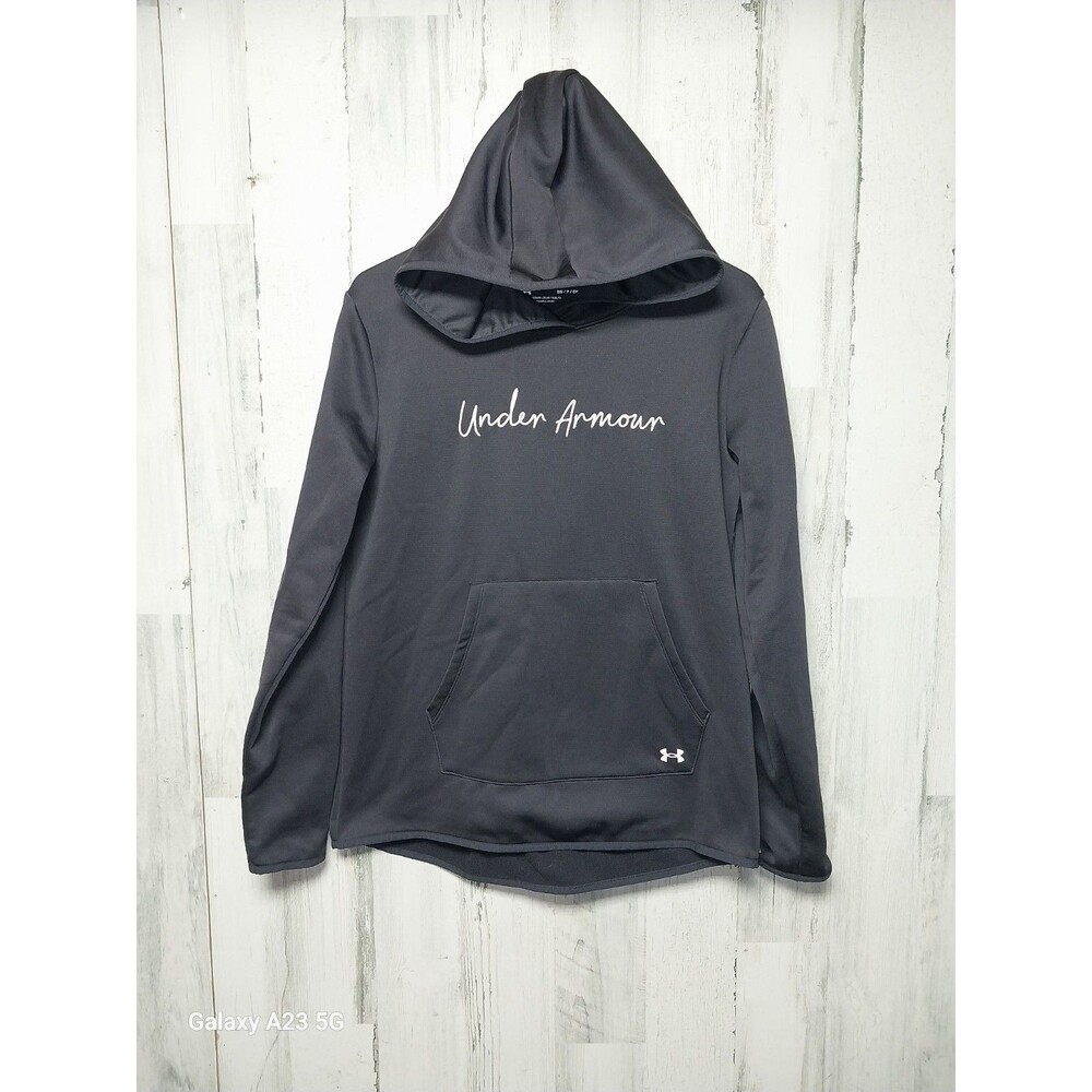 Under Armour Hoodie Womens Small Gray Loose Fit Script Spellout Logo Pullover